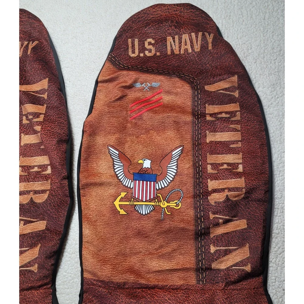 US Navy Veteran Car Seat Covers Pair Faux Leather Print Patriotic Eagle Anchor